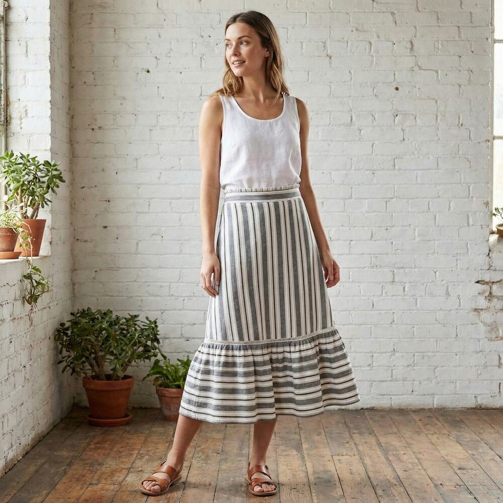 Margaret O'leary Women's Striped Midi boho Skirt in white and gray size Small